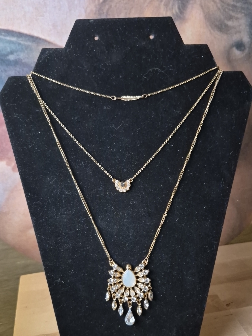 Gold-Tone Layered Pendant Necklace Set with Teardrop Crystal